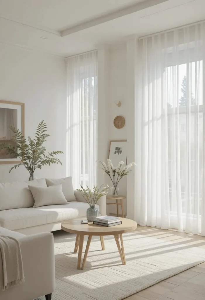 Minimal white curtains in a bright modern living room.