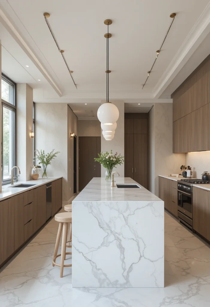 Slim kitchen island in a long narrow modern kitchen