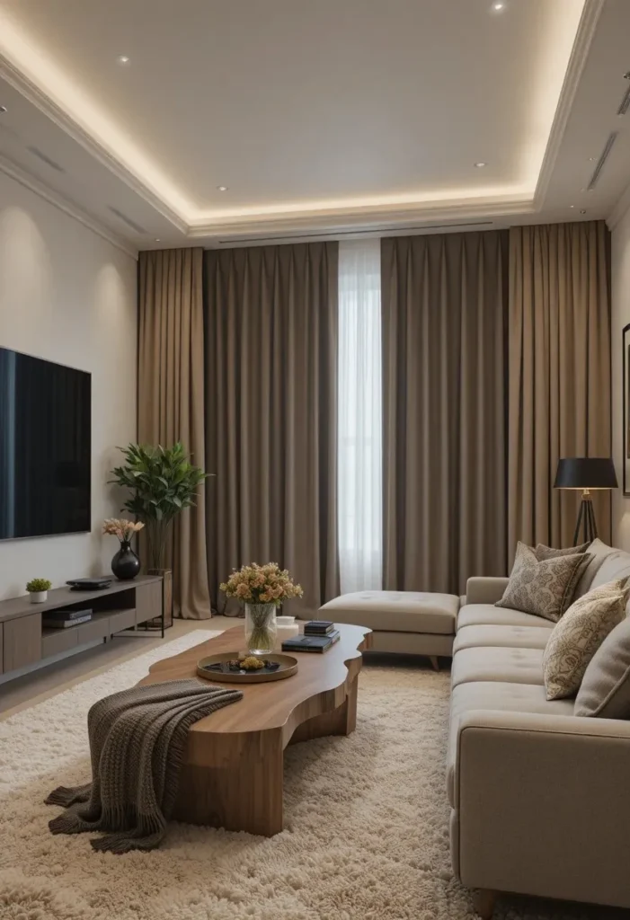Neutral blackout curtains in a stylish cozy living room.