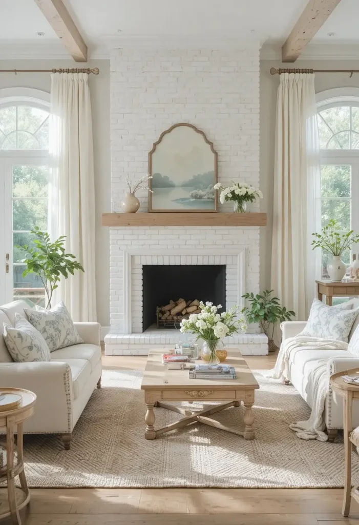 Airy living room with white brick fireplace and soft neutral tones.