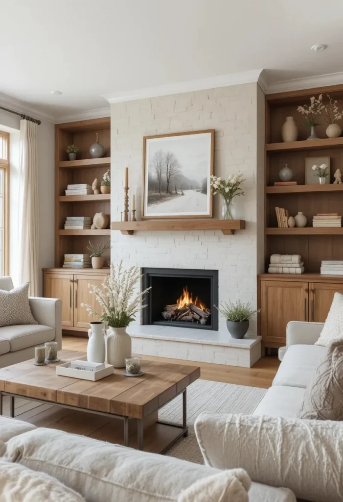 Cozy fireplace living room with natural wood accents.