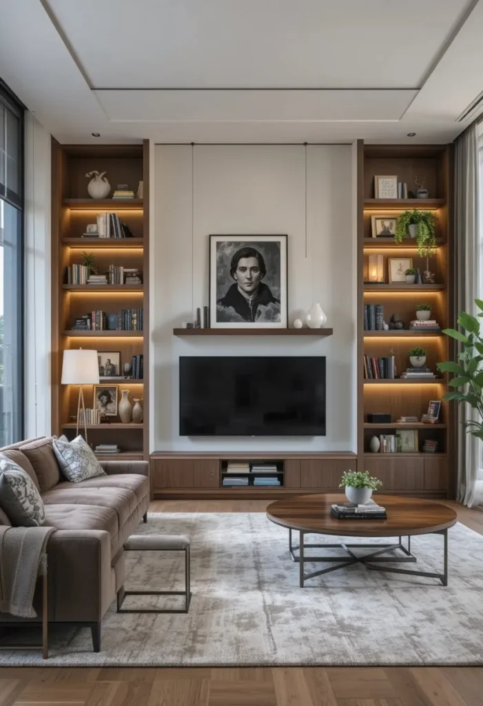 Asymmetrical built-in shelves creating a modern and unique design