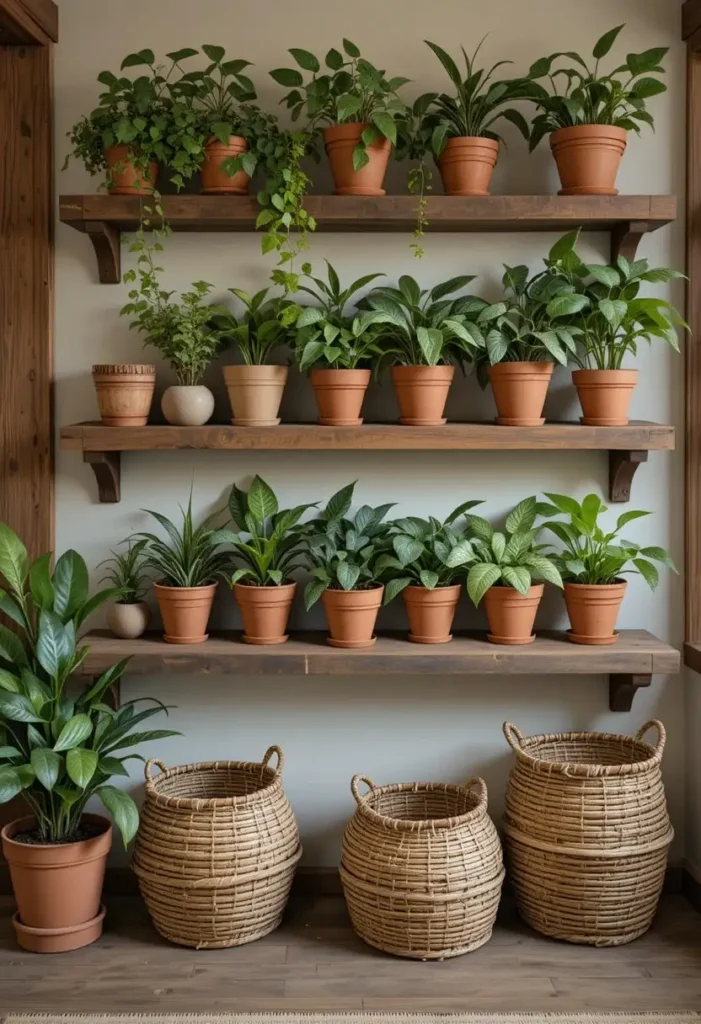 rustic plant shelves with earthy cozy farmhouse textures