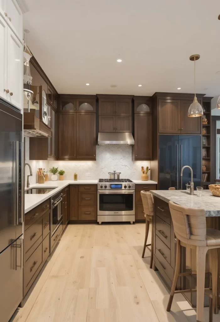 Modern two tone kitchen with contrasting cabinets and stylish island.