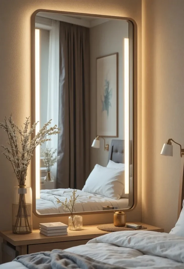 LED lights around bedroom mirror with soft elegant glow