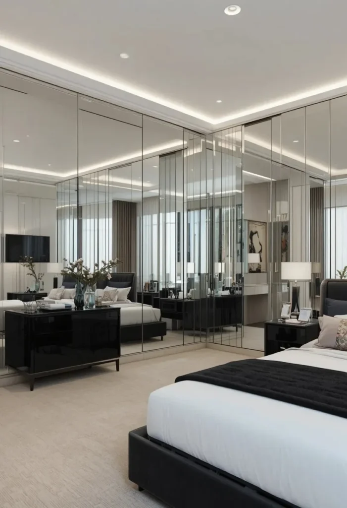 Bedroom with silver mirror wall and black decor