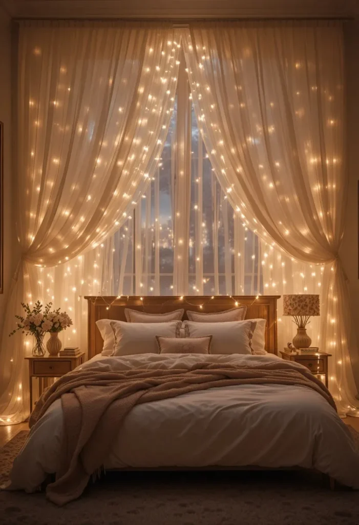 LED lights bedroom ideas with fairy lights and dreamy decor