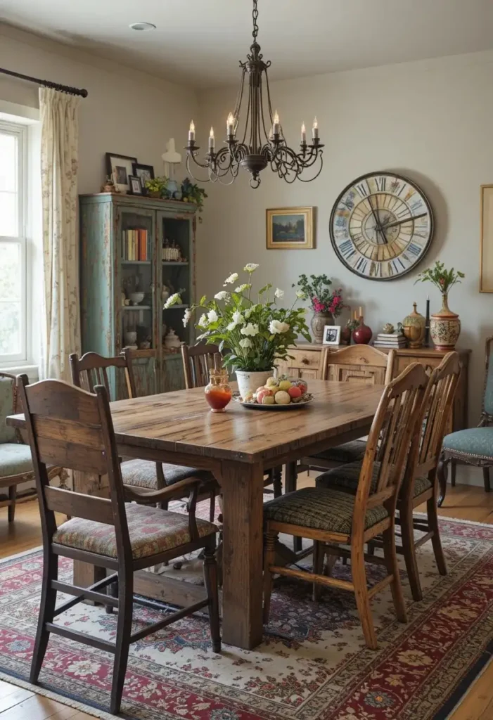 Vintage boho dining room with mixed furniture and warm tones.