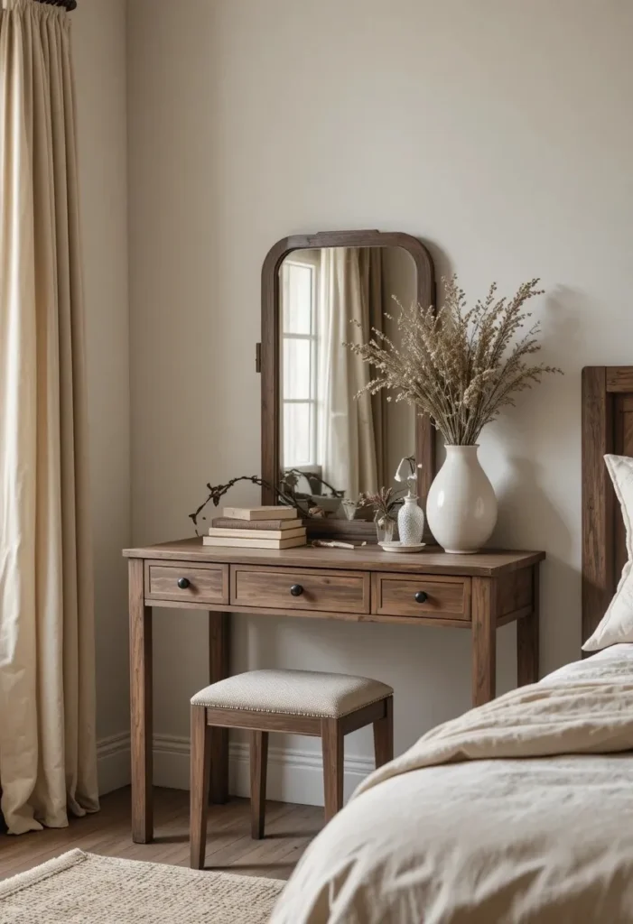 rustic wooden vanity ideas bedroom with warm earthy cozy design