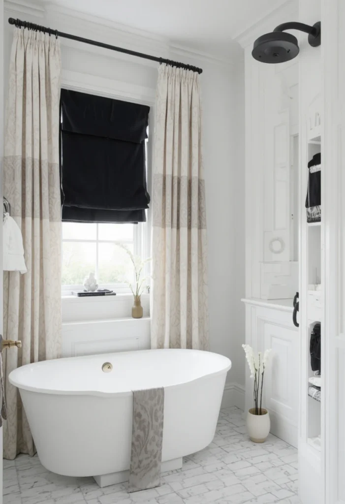 Bathroom window with black curtain rod creating modern contrast.