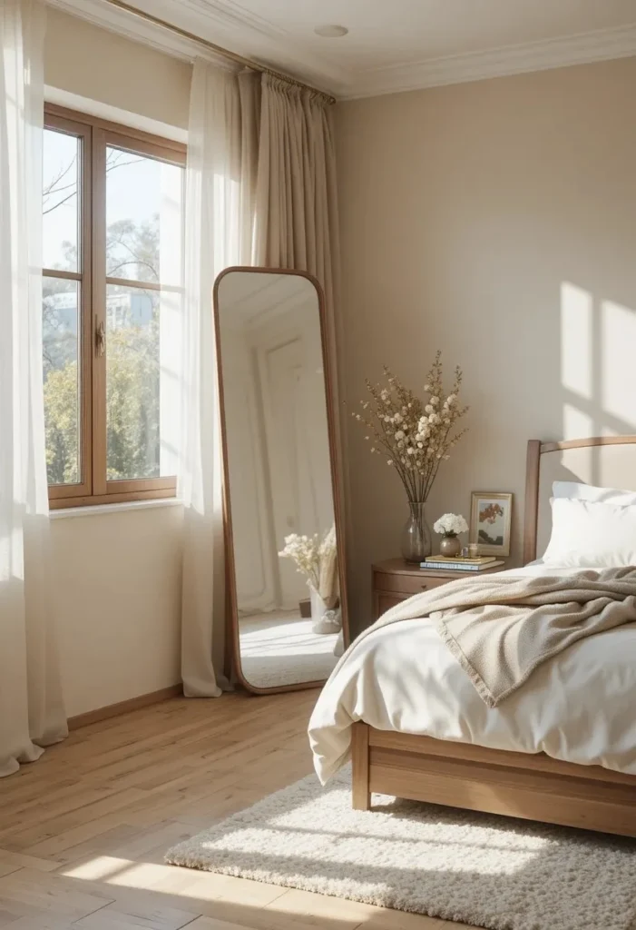 Full-length floor mirror in a modern bedroom reflecting natural light and creating a spacious airy feel.