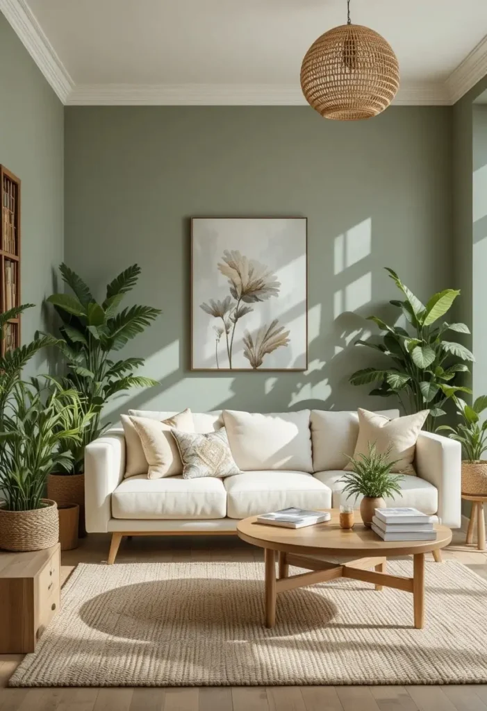Sage green living room walls with natural wood and cozy textures.