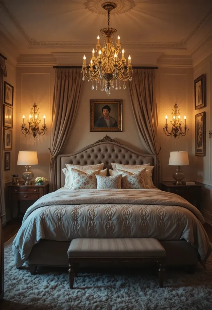 Bedroom with layered chandelier lighting and cozy decor