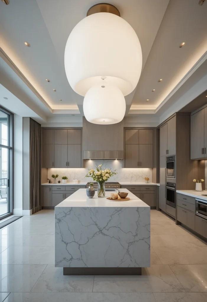 Oversized pendant lights making a bold statement over kitchen island