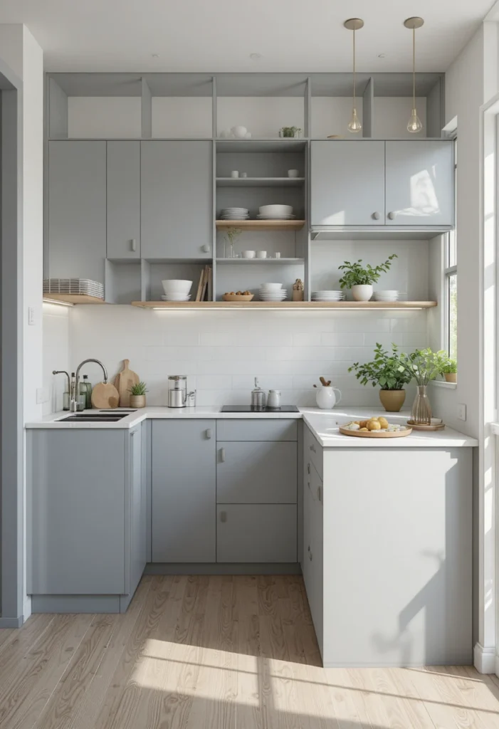 Small U shaped kitchen with compact island and space-saving design.