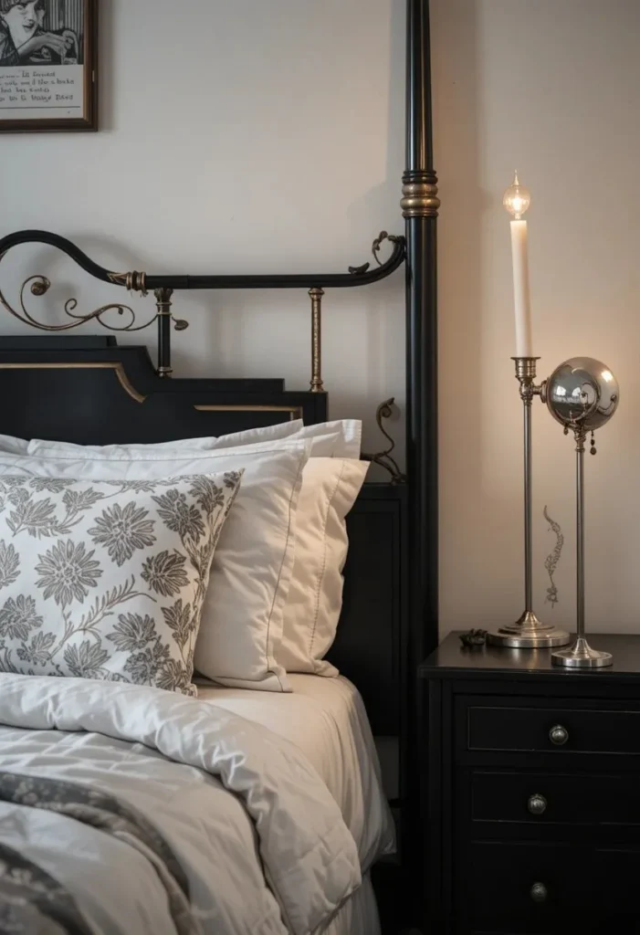 Black bed with silver lighting fixtures