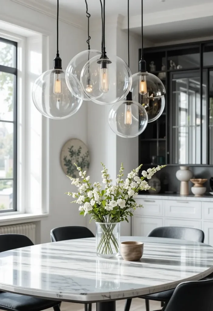 Glass globe lights creating clean modern glow over dining table