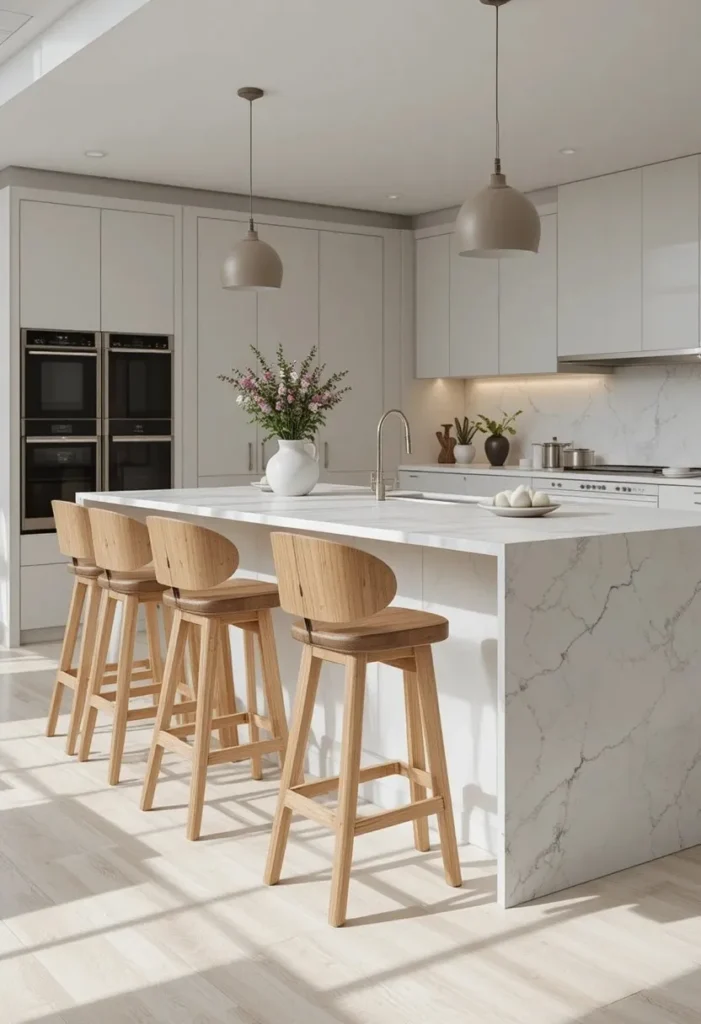 Wooden bar stools kitchen island with warm natural tones and cozy modern kitchen design