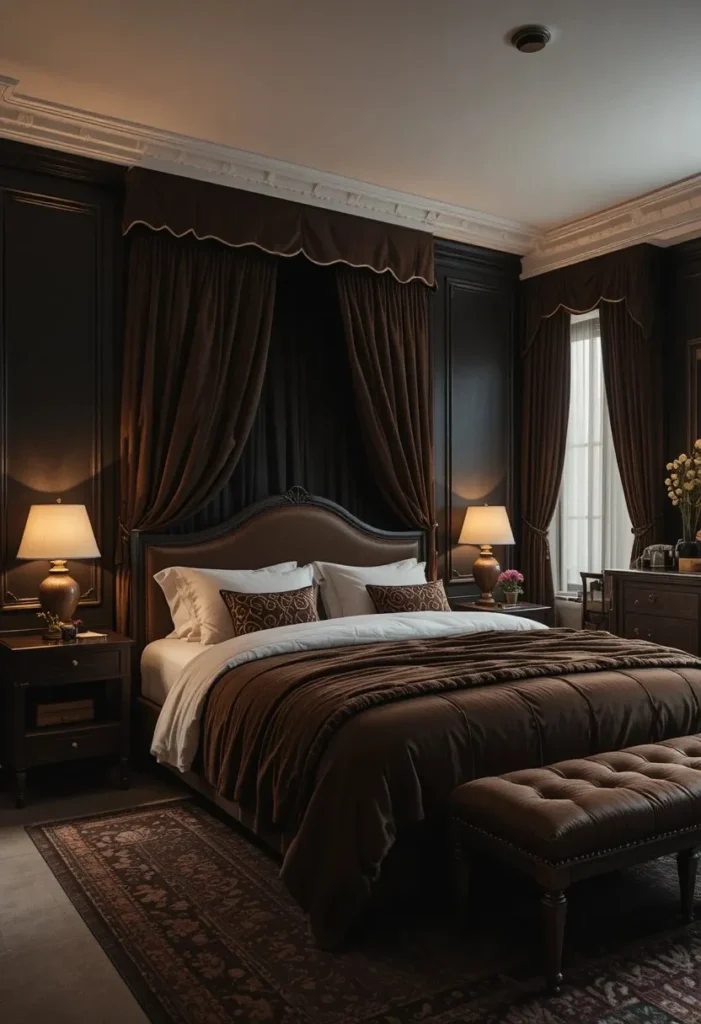 Dark brown curtains adding depth to a modern bedroom