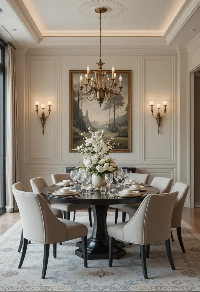 Dining room wall with sculptural lighting and cozy evening glow.