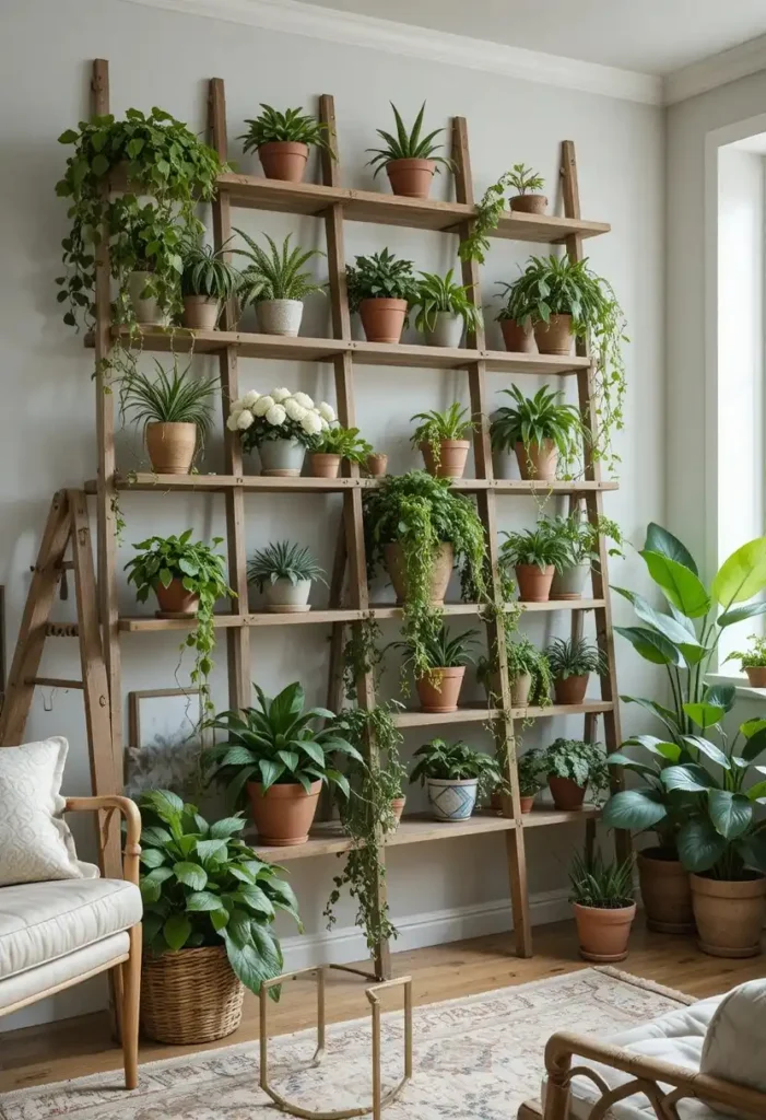 ladder style wall shelves with mixed indoor plants