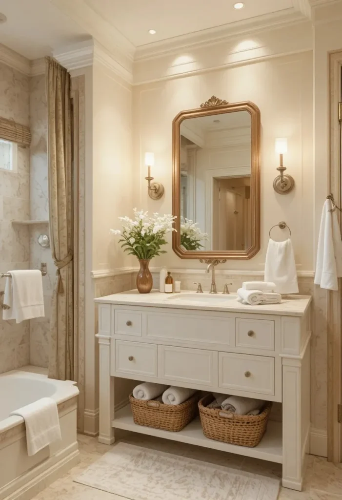 Warm neutral guest bathroom with soft beige tones and cozy natural textures.