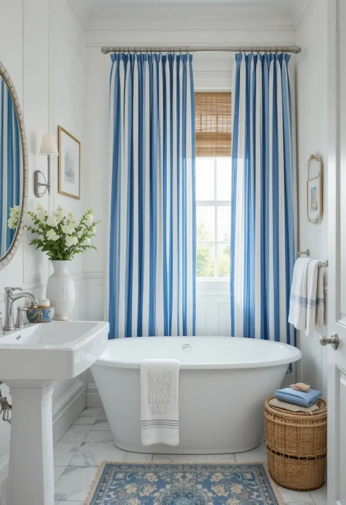 Blue striped bathroom curtains in a fresh coastal-inspired bathroom.