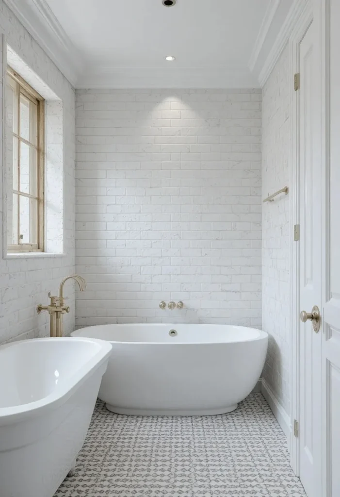 White bathroom featuring textured tiles and layered modern surfaces.