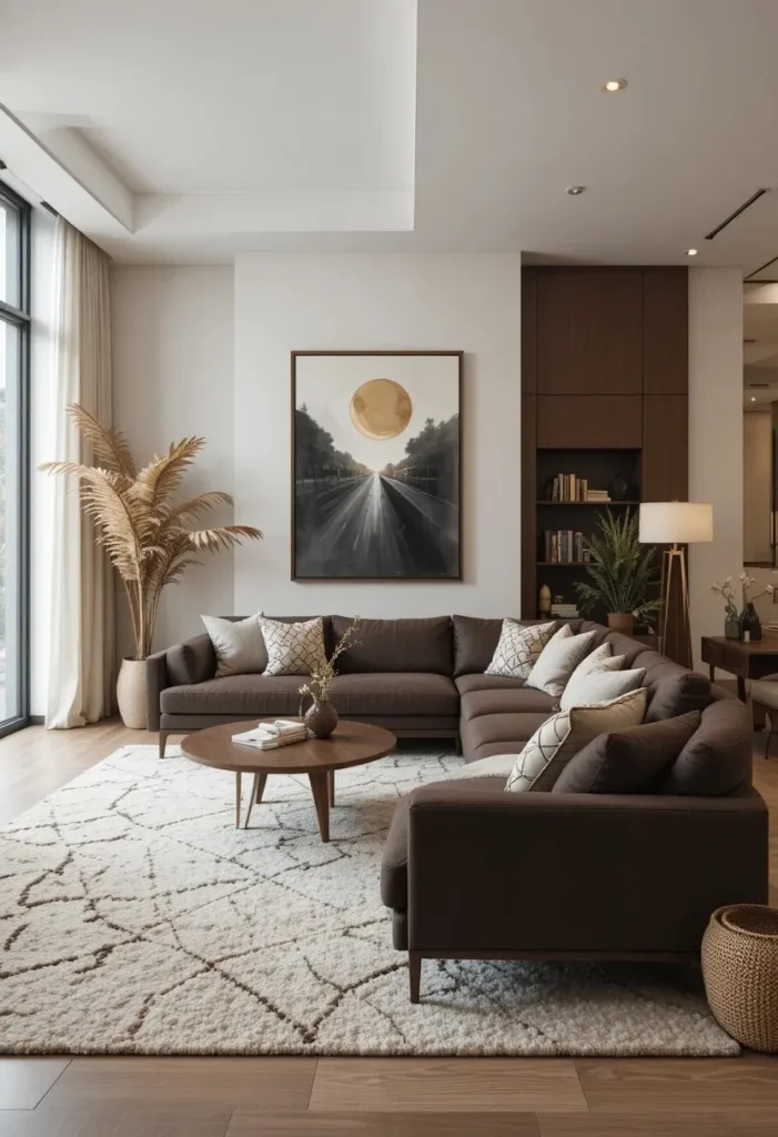 Brown couch paired with a light-colored rug