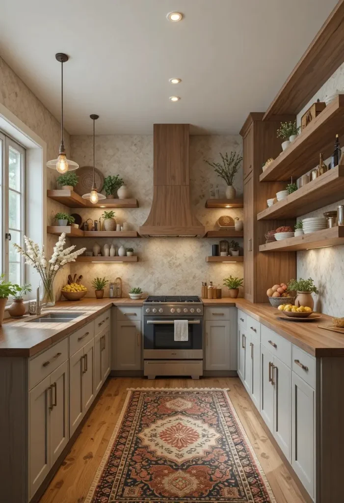 Long kitchen with warm wood accents and cozy decor