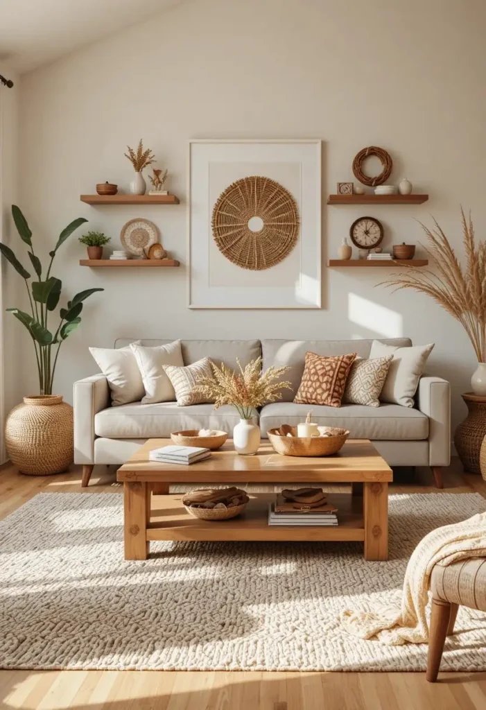 Boho living room with warm wood furniture