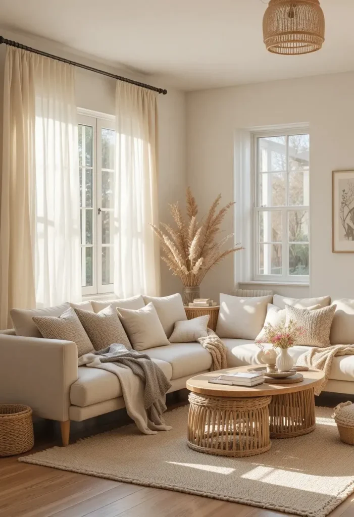 Linen curtains inside a bright boho living room