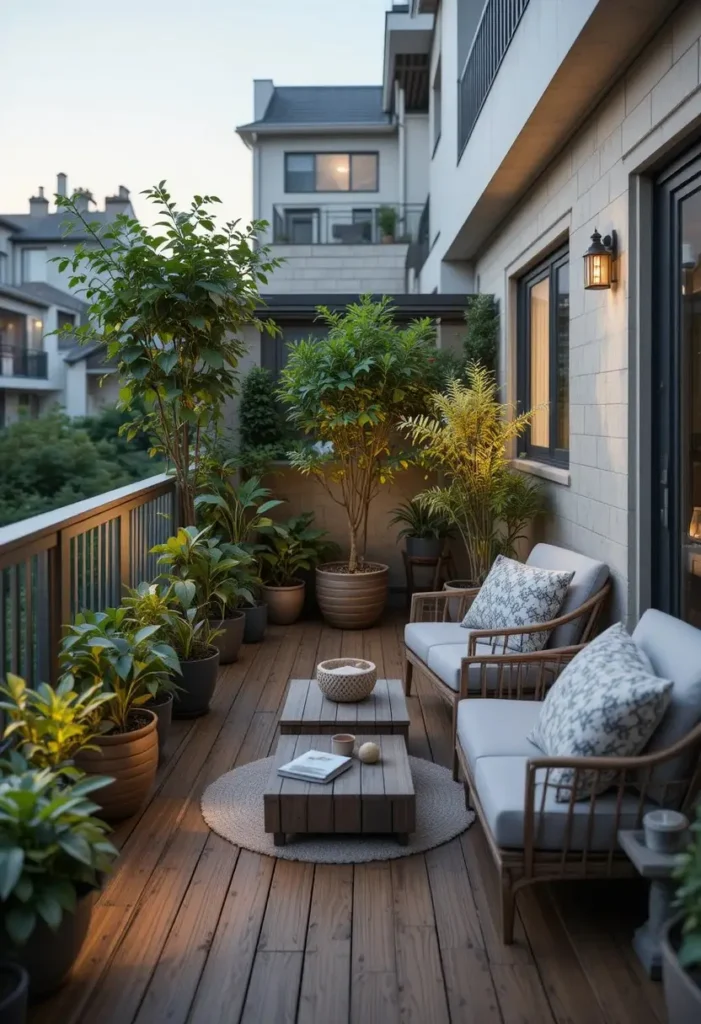balcony garden with wooden deck tiles and cozy plants