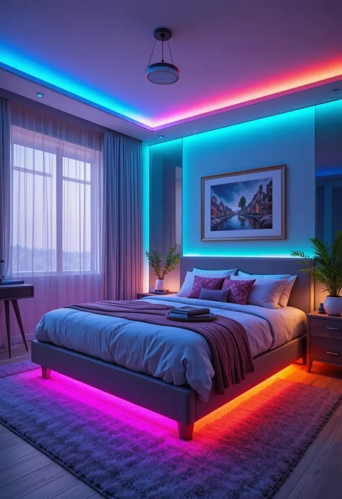 RGB LED lights creating colorful custom bedroom mood