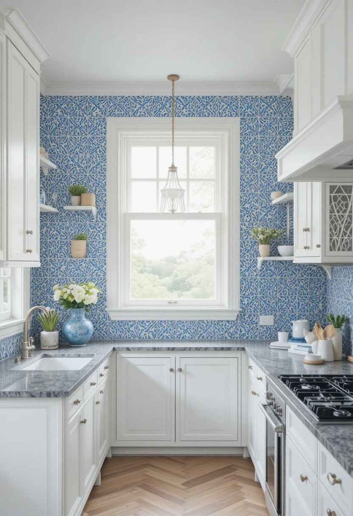 Blue and White Patterned Backsplash Tiles