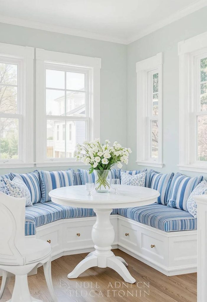 A Built In Banquette with Striped Cushions